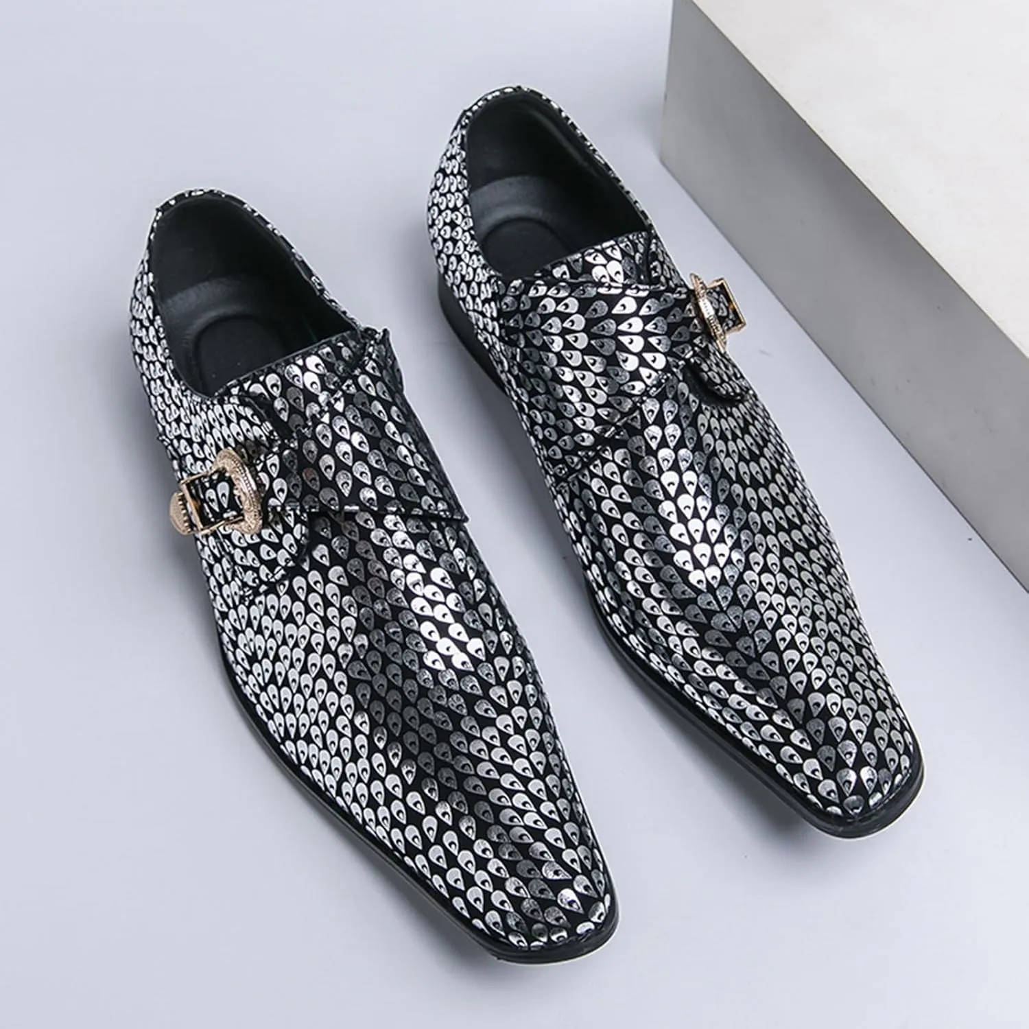 Men's Sparkling Printed Pointed Toe Western Loafers Fashion Monk Strap Tip Slip-On Low Block Heel Ballroom Party Oxford Shoes Western Cowboy Formal Business Dress Sparkling Loafers