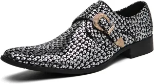 Men's Sparkling Printed Pointed Toe Western Loafers Fashion Monk Strap Tip Slip-On Low Block Heel Ballroom Party Oxford Shoes Western Cowboy Formal Business Dress Sparkling Loafers