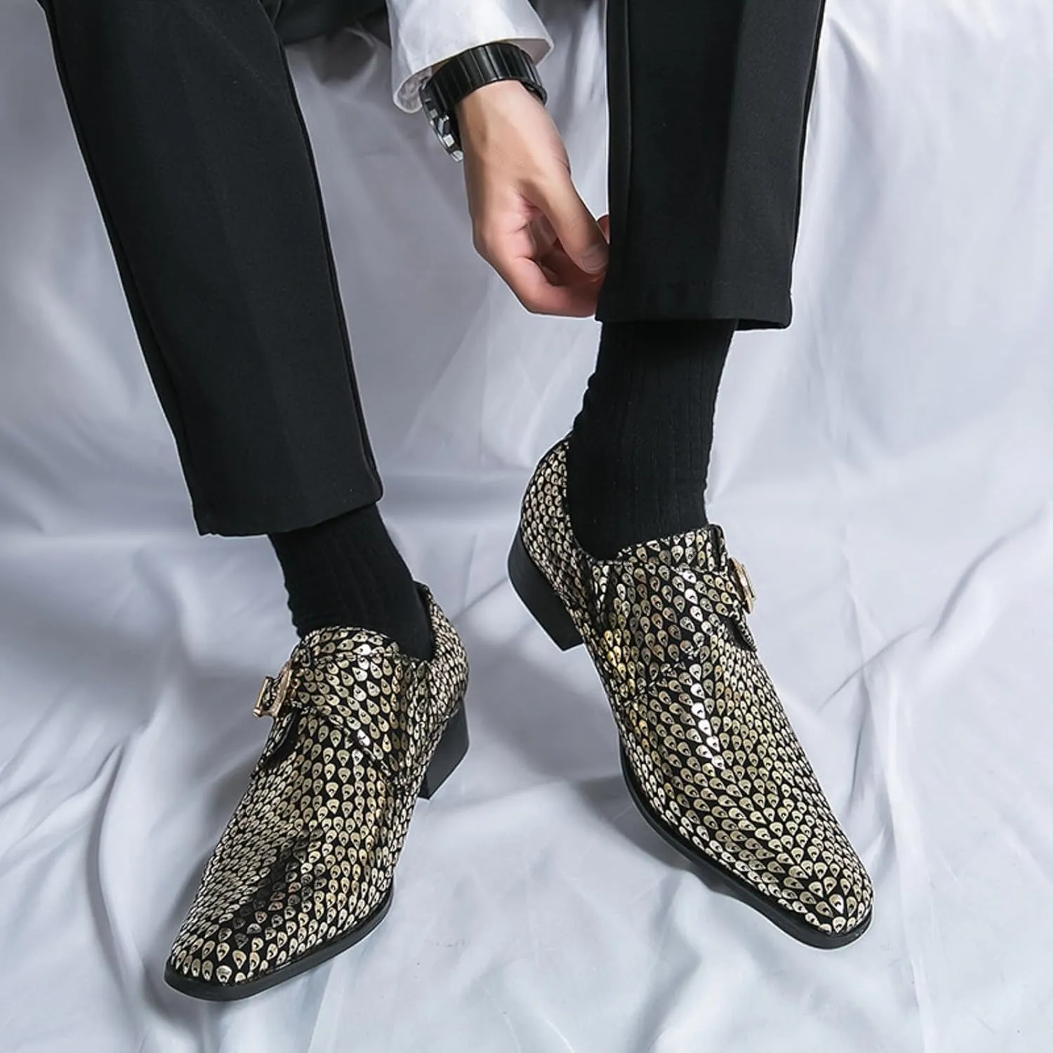 Men's Sparkling Printed Pointed Toe Western Loafers Fashion Monk Strap Tip Slip-On Low Block Heel Ballroom Party Oxford Shoes Western Cowboy Formal Business Dress Sparkling Loafers