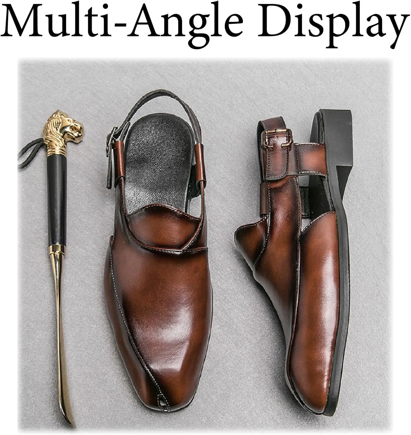 Men's Splice Leather Closed Toe Sandals with Adjust Buckle Strap Anti-Slip Breathable Pointed Toe Block Heel Slides Sandals for Business Walking Driving Office Dress Shoes