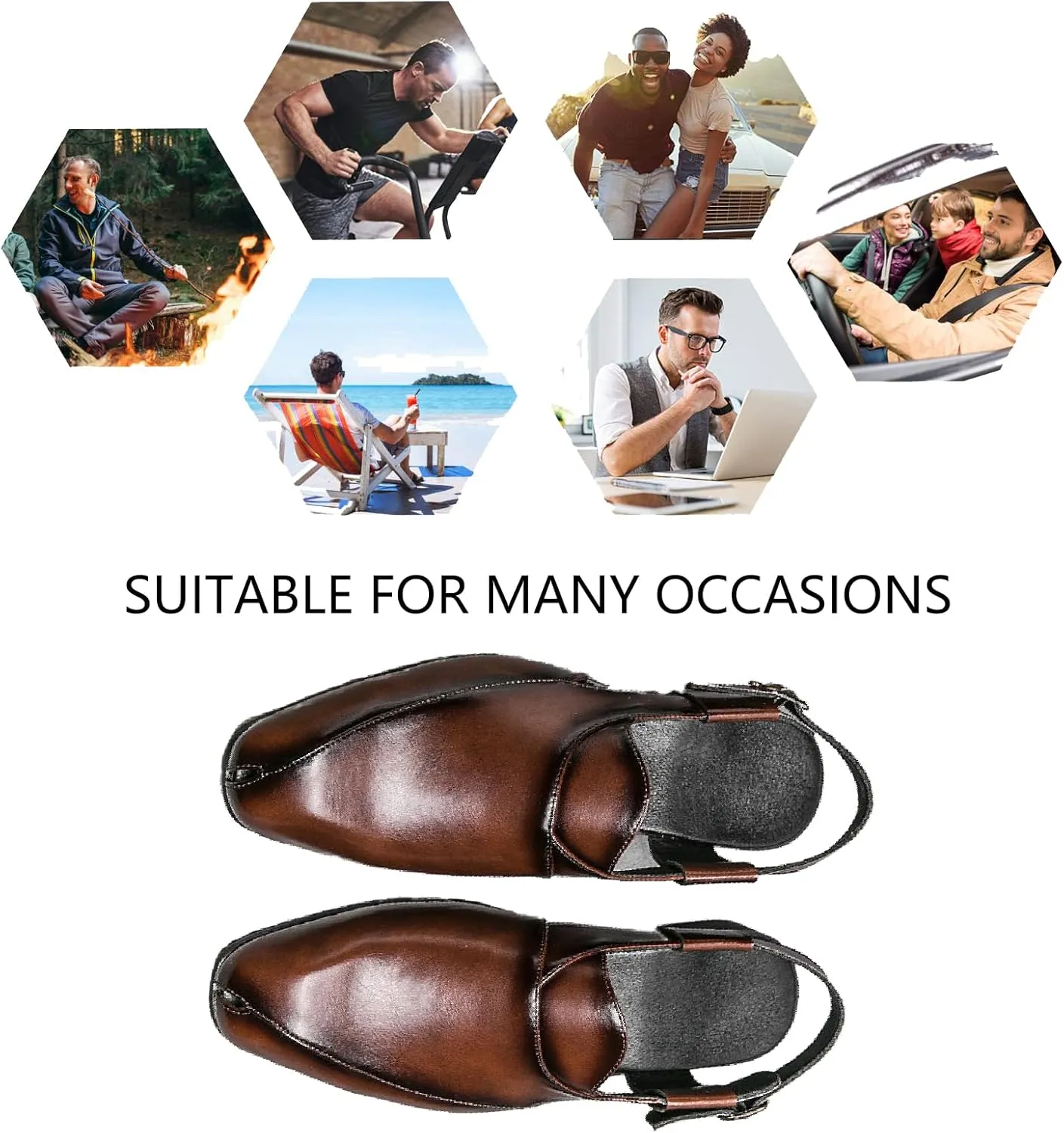 Men's Splice Leather Closed Toe Sandals with Adjust Buckle Strap Anti-Slip Breathable Pointed Toe Block Heel Slides Sandals for Business Walking Driving Office Dress Shoes