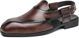 Men's Splice Leather Closed Toe Sandals with Adjust Buckle Strap Anti-Slip Breathable Pointed Toe Block Heel Slides Sandals for Business Walking Driving Office Dress Shoes