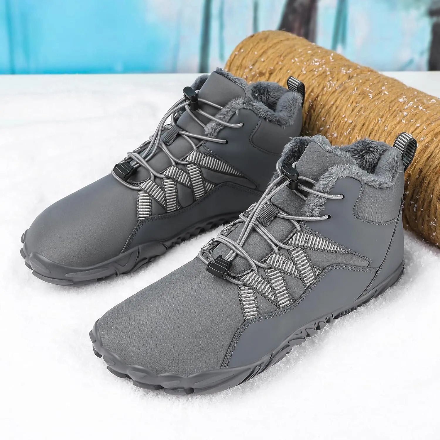 Mens Winter Barefoot Hiking Boots Slip-On Warm Zero Drop Snow Boots with Wide Toe Box Ankle Bootie Cut Minimalist Waterproof Five-Finger Sneakers for Hiking Walking Outdoor Adventures Unisex Design