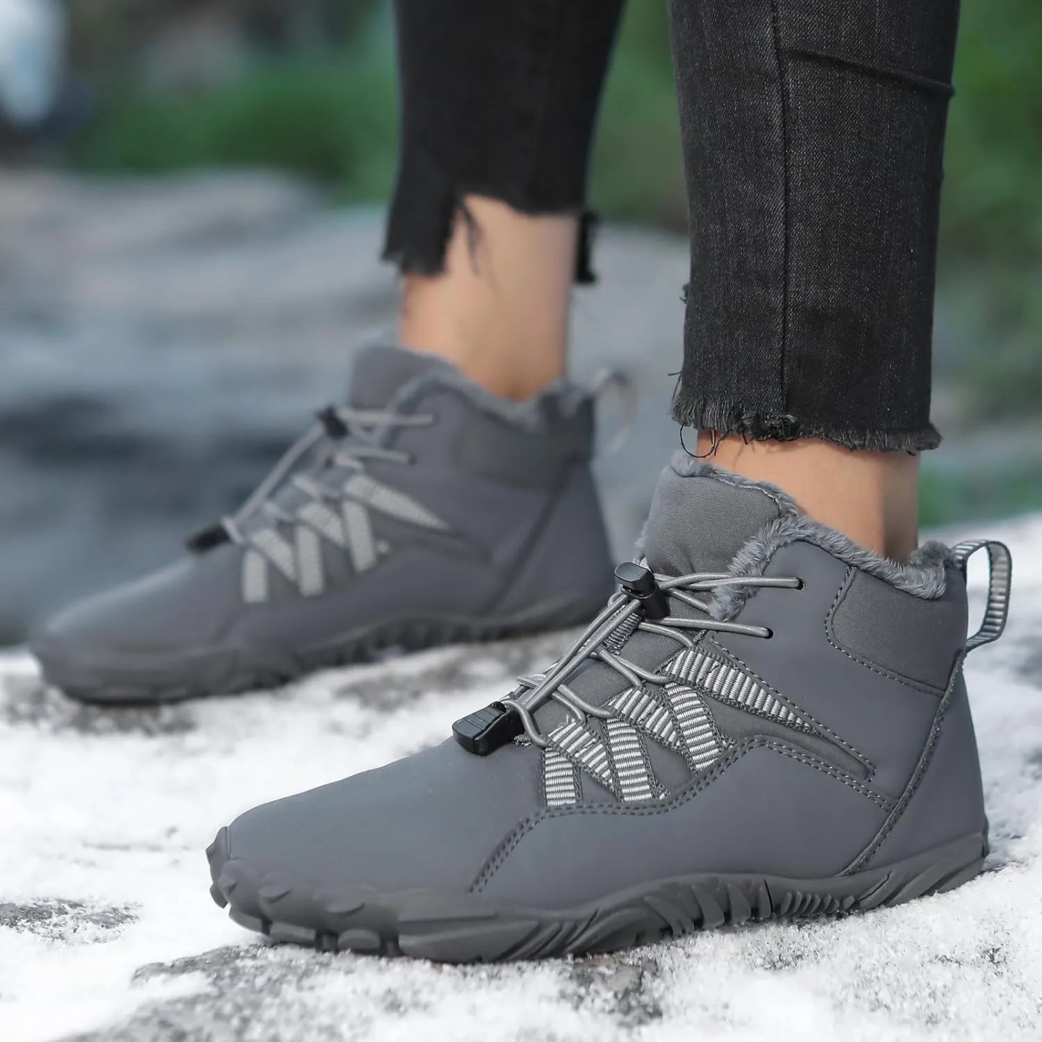 Mens Winter Barefoot Hiking Boots Slip-On Warm Zero Drop Snow Boots with Wide Toe Box Ankle Bootie Cut Minimalist Waterproof Five-Finger Sneakers for Hiking Walking Outdoor Adventures Unisex Design