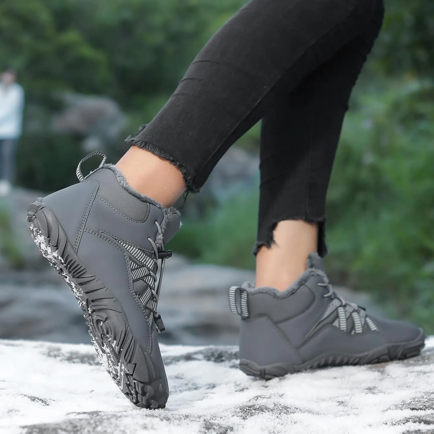 Mens Winter Barefoot Hiking Boots Slip-On Warm Zero Drop Snow Boots with Wide Toe Box Ankle Bootie Cut Minimalist Waterproof Five-Finger Sneakers for Hiking Walking Outdoor Adventures Unisex Design