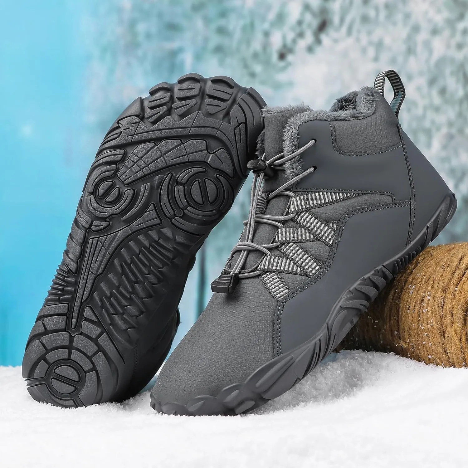Mens Winter Barefoot Hiking Boots Slip-On Warm Zero Drop Snow Boots with Wide Toe Box Ankle Bootie Cut Minimalist Waterproof Five-Finger Sneakers for Hiking Walking Outdoor Adventures Unisex Design