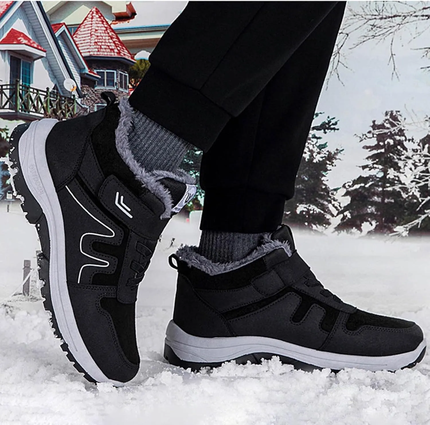 Men's Winter Sport Shoes Thickened Warm Fleece Snow Boots with Adjustable Closures Comfort Walking Hiking Boots