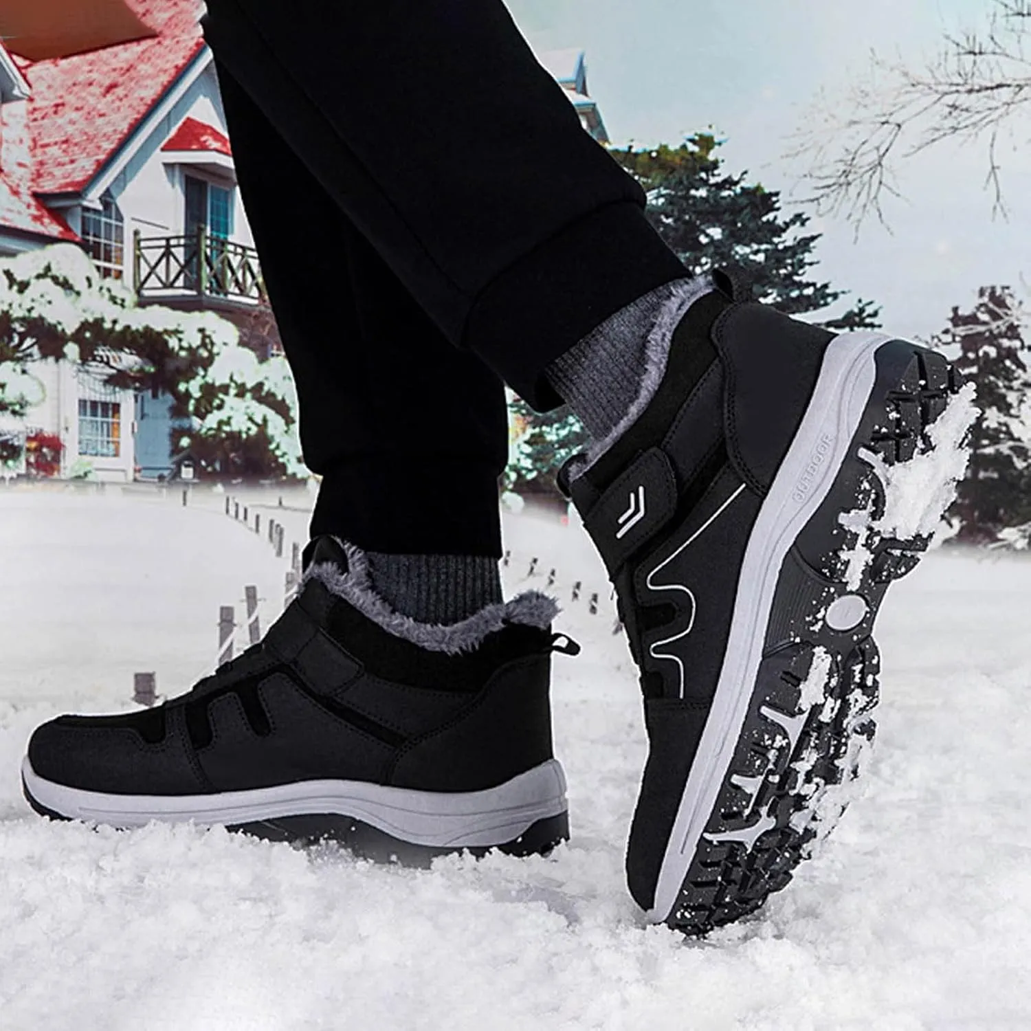 Men's Winter Sport Shoes Thickened Warm Fleece Snow Boots with Adjustable Closures Comfort Walking Hiking Boots