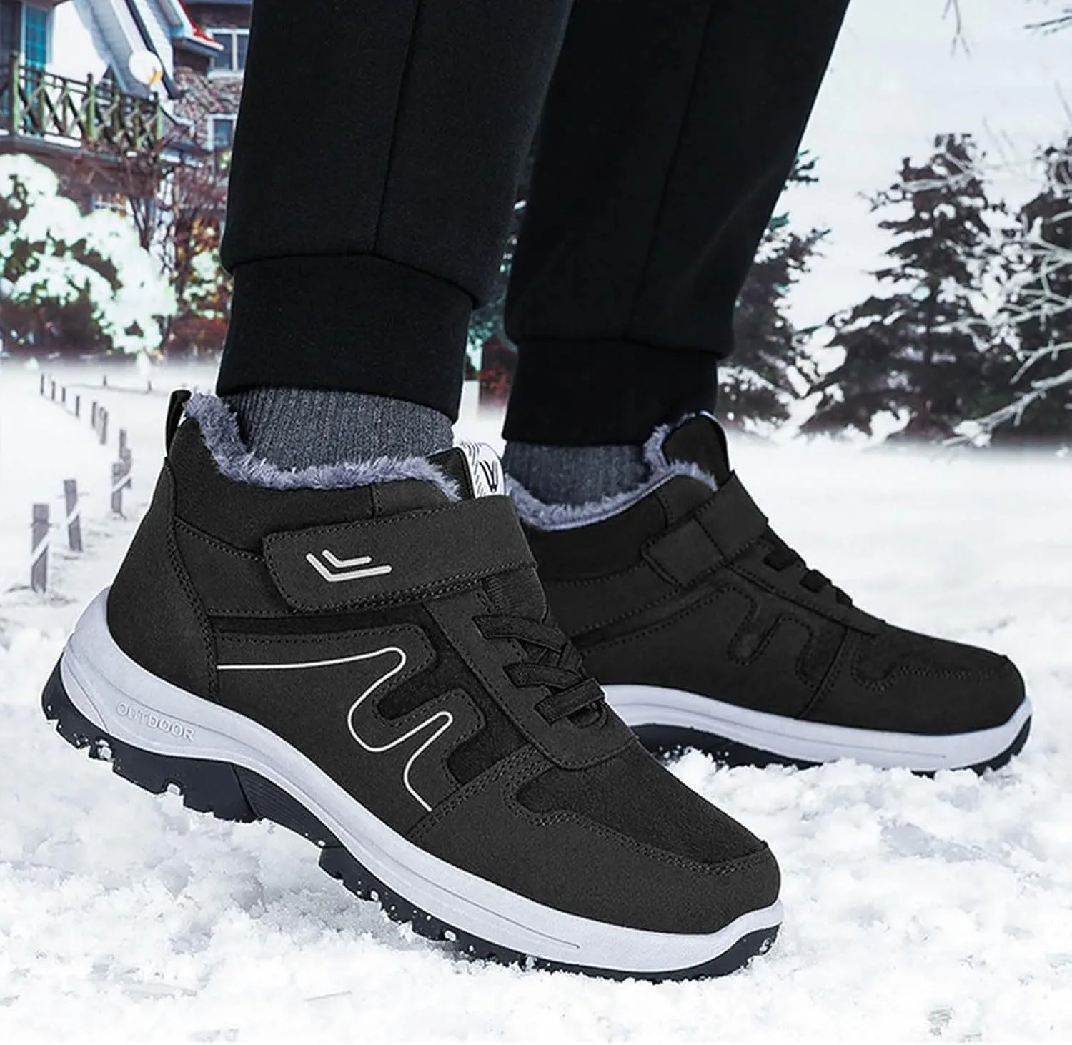 Men's Winter Sport Shoes Thickened Warm Fleece Snow Boots with Adjustable Closures Comfort Walking Hiking Boots