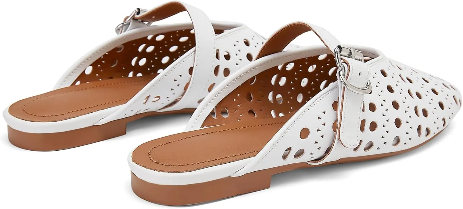 Mesh Flats Mules Sandals for Women,Women's Closed Toe Hollowing Fishnet Flat Sandals with Adjustable Ankle Strap Summer Dressy Sandals Low Heel Flats Ultra Comfortable Slip on Casual Shoes