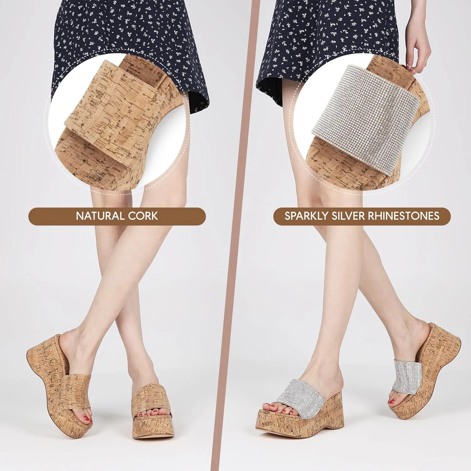 mikarka Slip-On Cork Platform Sandals for Women Dressy Summer, Comfort Basic Strap Open Toe High Heel Slide Wedge Sandals Casual Beach Sandals Mules
