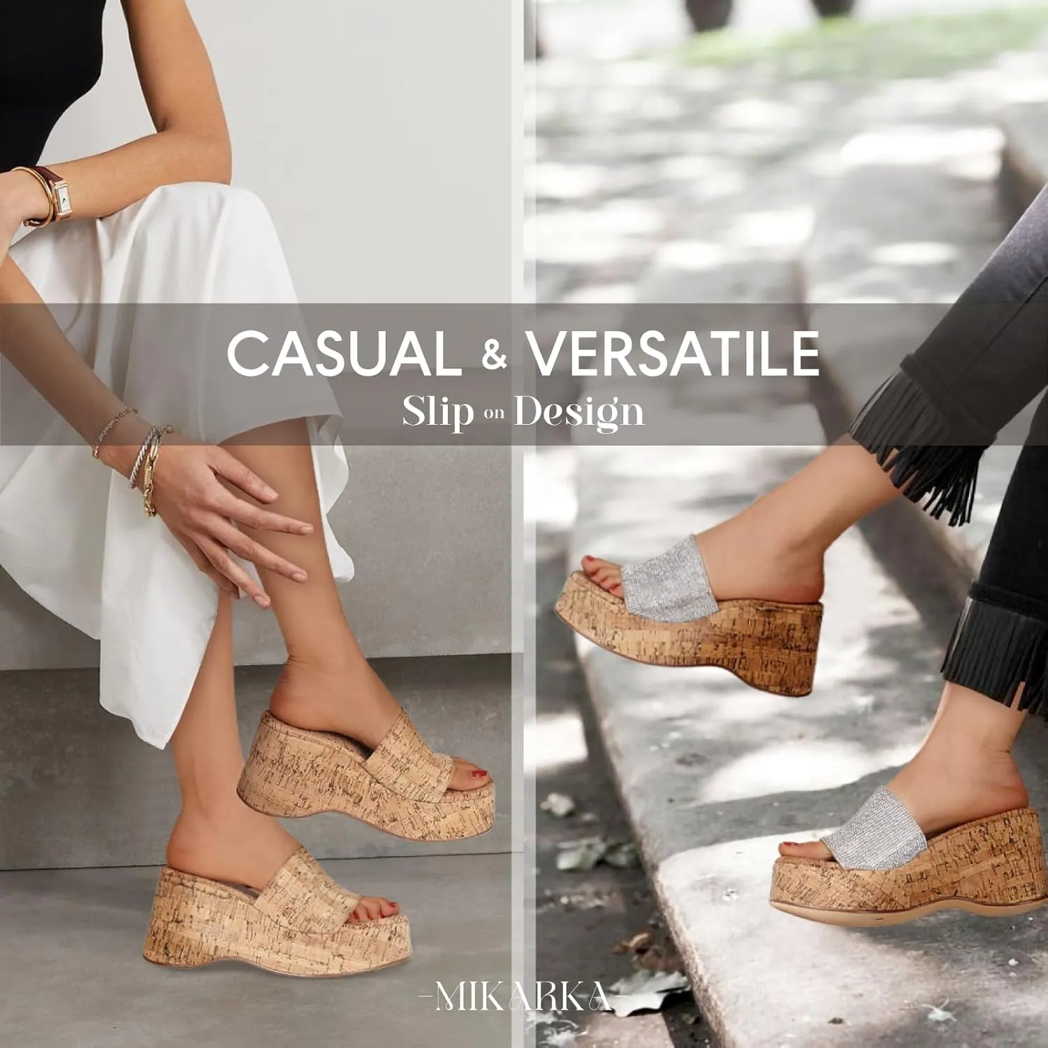 mikarka Slip-On Cork Platform Sandals for Women Dressy Summer, Comfort Basic Strap Open Toe High Heel Slide Wedge Sandals Casual Beach Sandals Mules
