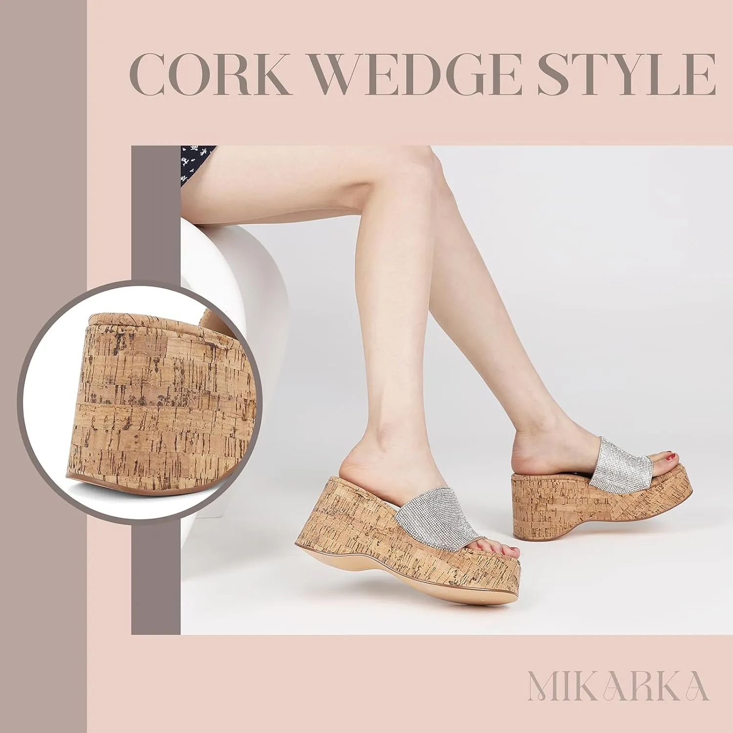 mikarka Slip-On Cork Platform Sandals for Women Dressy Summer, Comfort Basic Strap Open Toe High Heel Slide Wedge Sandals Casual Beach Sandals Mules