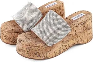 mikarka Slip-On Cork Platform Sandals for Women Dressy Summer, Comfort Basic Strap Open Toe High Heel Slide Wedge Sandals Casual Beach Sandals Mules