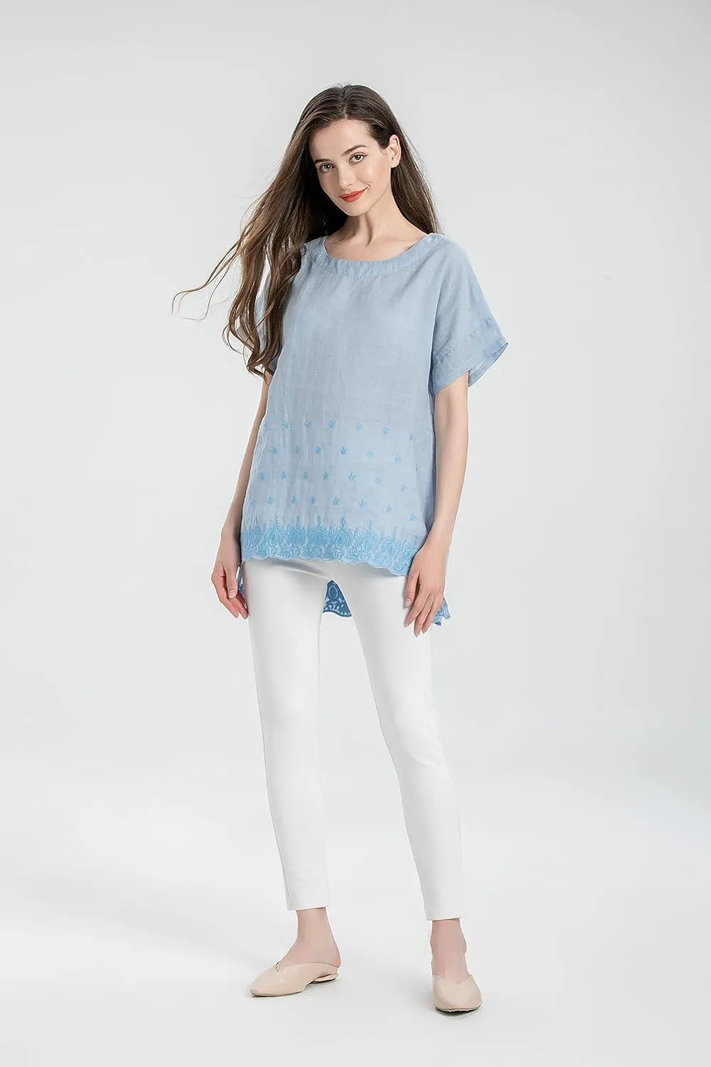 Minibee Women's Summer Linen Tunic Shirt High Low Hem Embroidery Blouse Top