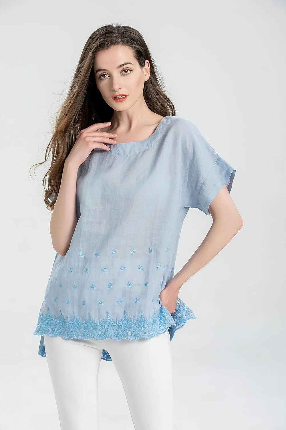 Minibee Women's Summer Linen Tunic Shirt High Low Hem Embroidery Blouse Top