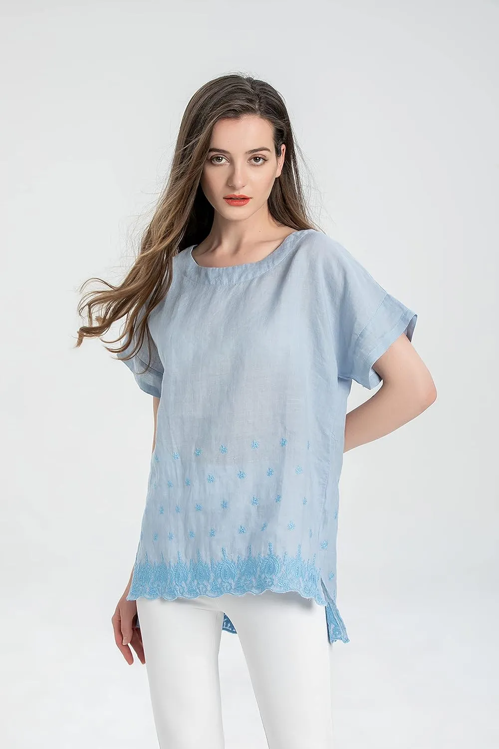 Minibee Women's Summer Linen Tunic Shirt High Low Hem Embroidery Blouse Top
