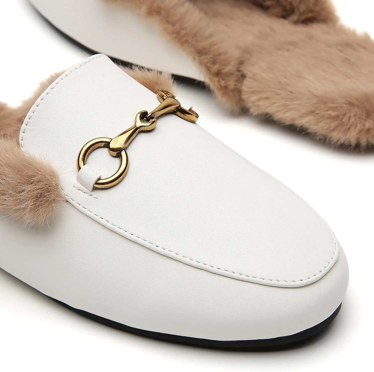 Minorsu Buckle Fur Mules for Women Slip on Loafers Closed Round Toe Backless Flat Mules Comfortable Slides Shoes
