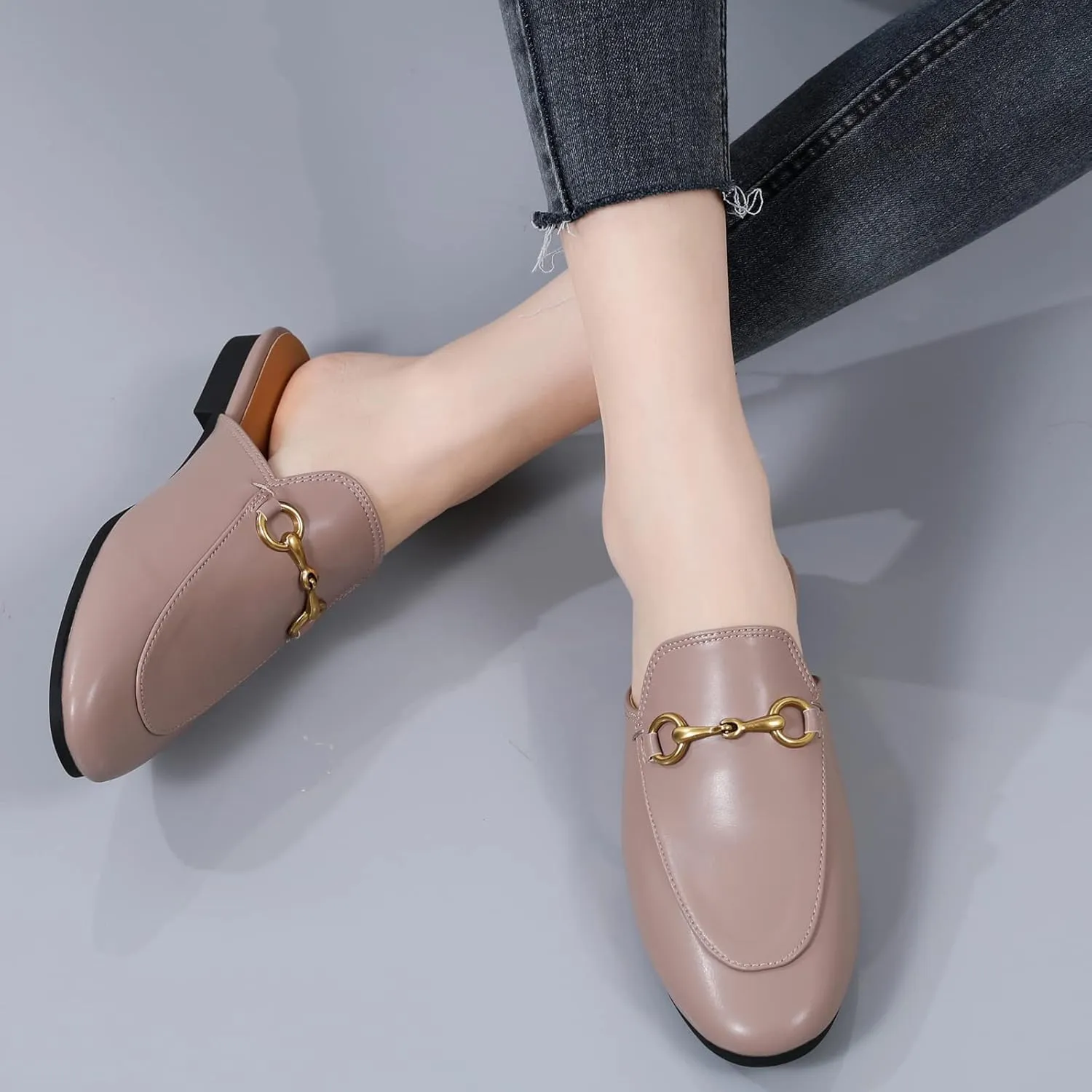 Minorsu Buckle Mules for Women Flats Round Toe Mule Backless Slides Slip On Loafer Shoes