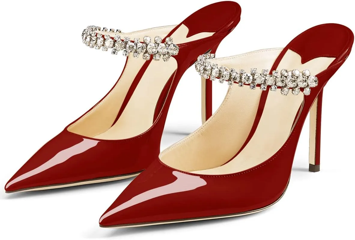 MIRAAZZURRA Women Heeled Mules Rhinestone Strappy Pointed Toe Mules Stiletto High Heels Slip On Bridal Sandals for Women