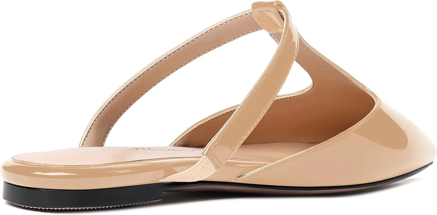 MODENCOCO Women's Casual Office T Strap Pointed Toe Slip On Patent Low Heel Backless Mules Shoes Flats
