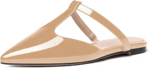 MODENCOCO Women's Casual Office T Strap Pointed Toe Slip On Patent Low Heel Backless Mules Shoes Flats