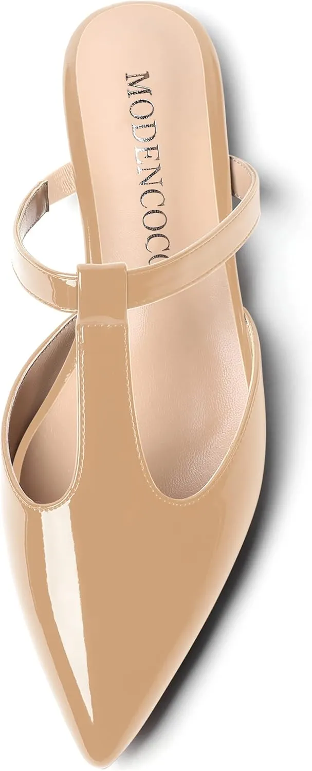 MODENCOCO Women's Casual Office T Strap Pointed Toe Slip On Patent Low Heel Backless Mules Shoes Flats