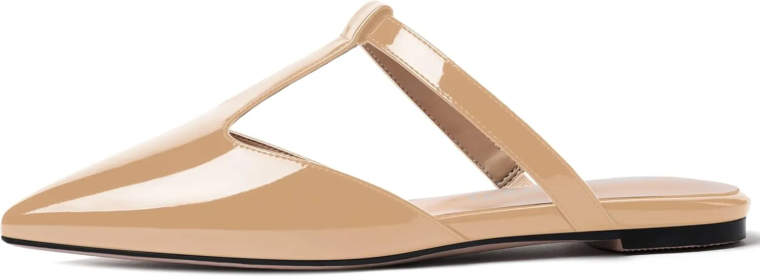 MODENCOCO Women's Casual Office T Strap Pointed Toe Slip On Patent Low Heel Backless Mules Shoes Flats