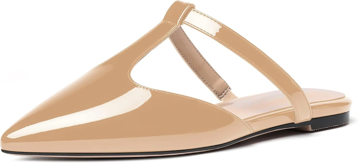 MODENCOCO Women's Casual Office T Strap Pointed Toe Slip On Patent Low Heel Backless Mules Shoes Flats