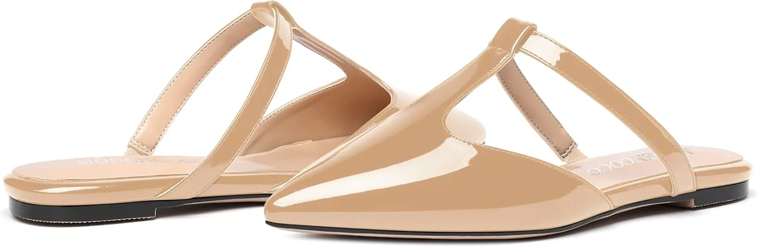 MODENCOCO Women's Casual Office T Strap Pointed Toe Slip On Patent Low Heel Backless Mules Shoes Flats
