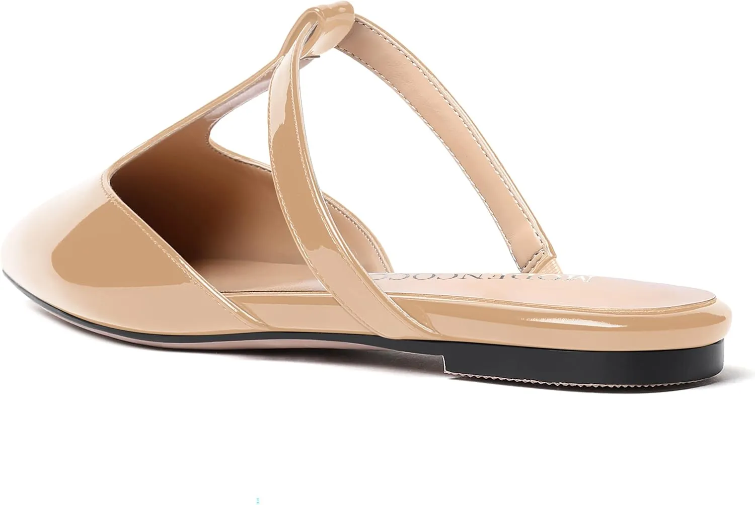 MODENCOCO Women's Casual Office T Strap Pointed Toe Slip On Patent Low Heel Backless Mules Shoes Flats