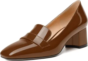 MODENCOCO Womens Fashion Slip On Casual Comfortable Square Toe Patent Chunky Low Heel Loafers Shoes 2 Inch