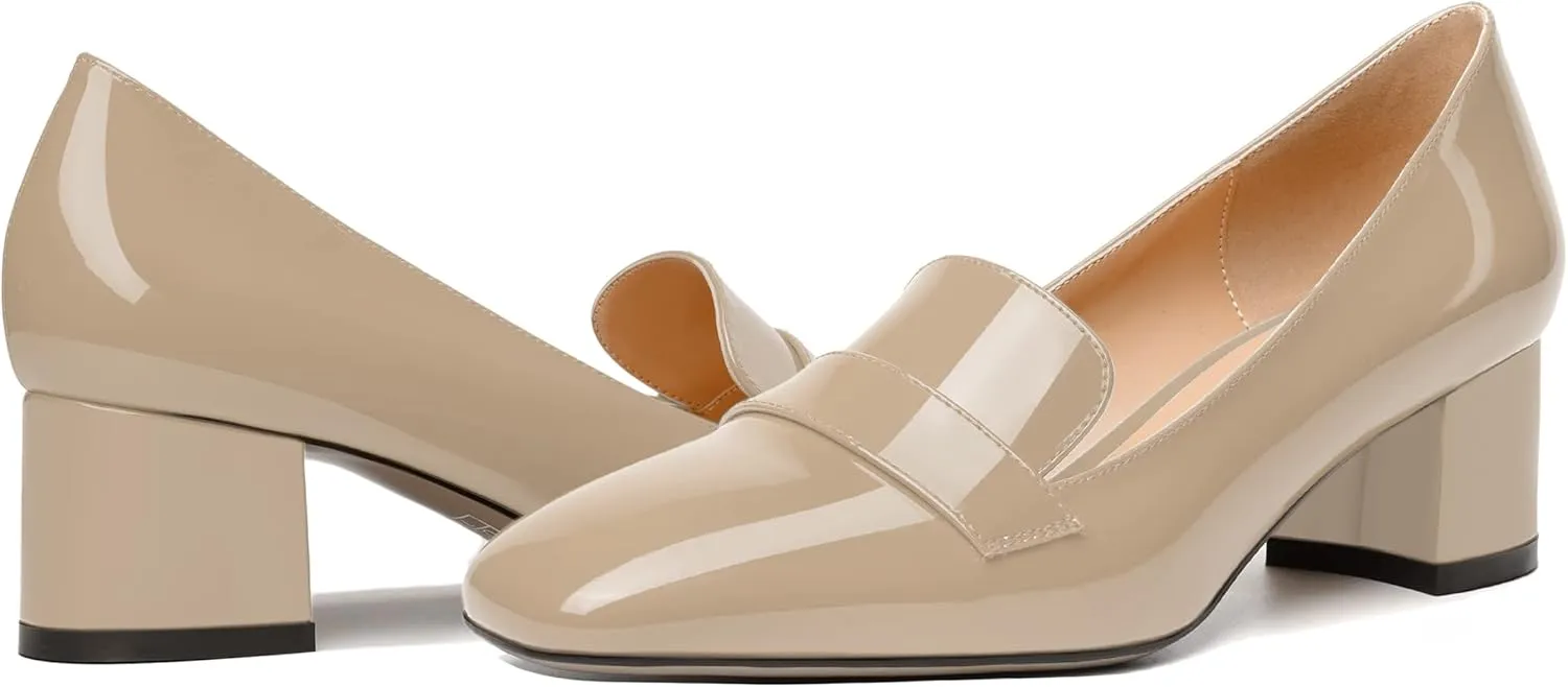 MODENCOCO Womens Fashion Slip On Casual Comfortable Square Toe Patent Chunky Low Heel Loafers Shoes 2 Inch