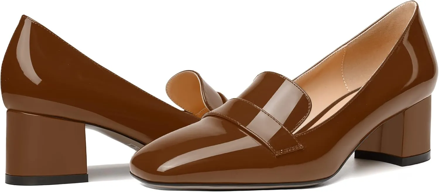 MODENCOCO Womens Fashion Slip On Casual Comfortable Square Toe Patent Chunky Low Heel Loafers Shoes 2 Inch