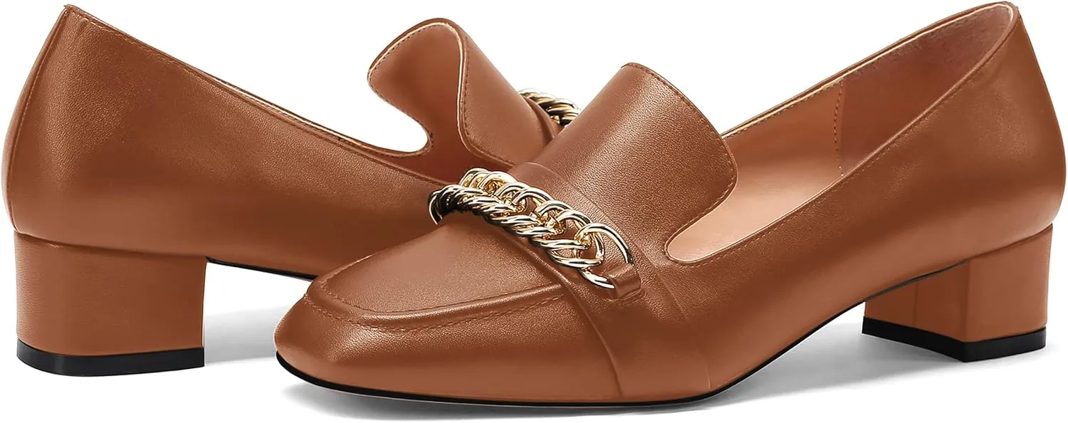 MODENCOCO Women's Slip On Square Toe Fashion Matte Office Metal Chain Decor Solid Chunky Low Heel Loafers Working Shoes 1.5 Inch