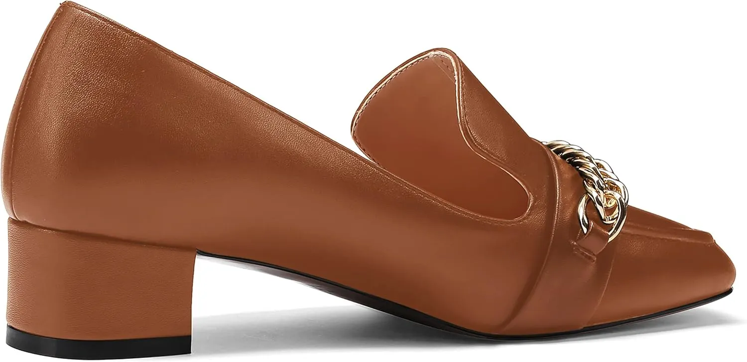 MODENCOCO Women's Slip On Square Toe Fashion Matte Office Metal Chain Decor Solid Chunky Low Heel Loafers Working Shoes 1.5 Inch