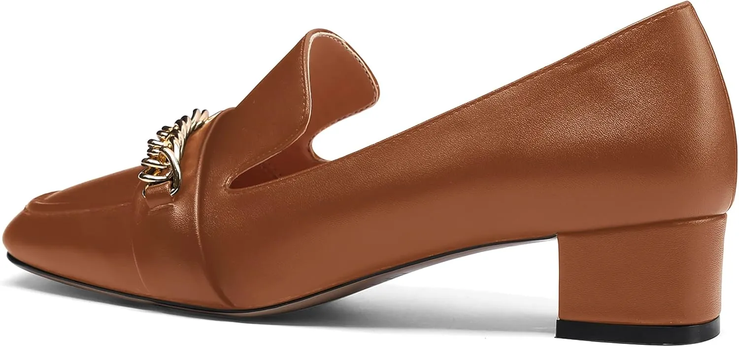 MODENCOCO Women's Slip On Square Toe Fashion Matte Office Metal Chain Decor Solid Chunky Low Heel Loafers Working Shoes 1.5 Inch