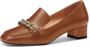 MODENCOCO Women's Slip On Square Toe Fashion Matte Office Metal Chain Decor Solid Chunky Low Heel Loafers Working Shoes 1.5 Inch
