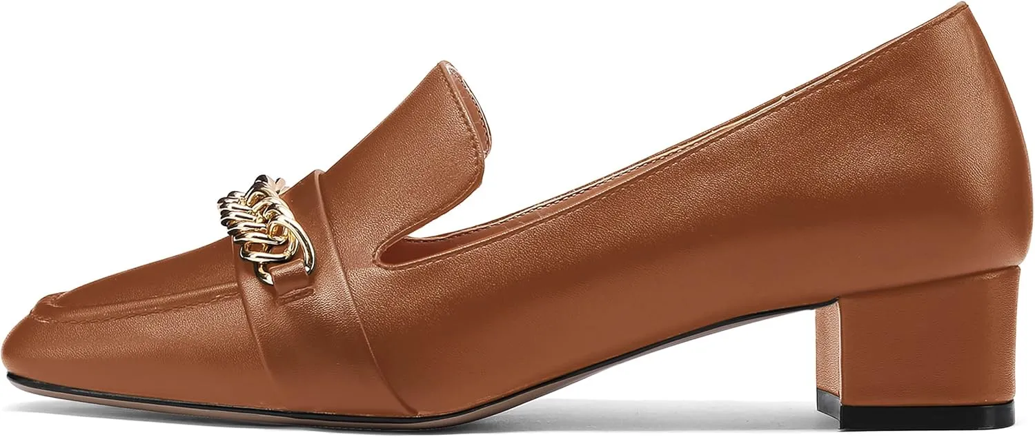 MODENCOCO Women's Slip On Square Toe Fashion Matte Office Metal Chain Decor Solid Chunky Low Heel Loafers Working Shoes 1.5 Inch