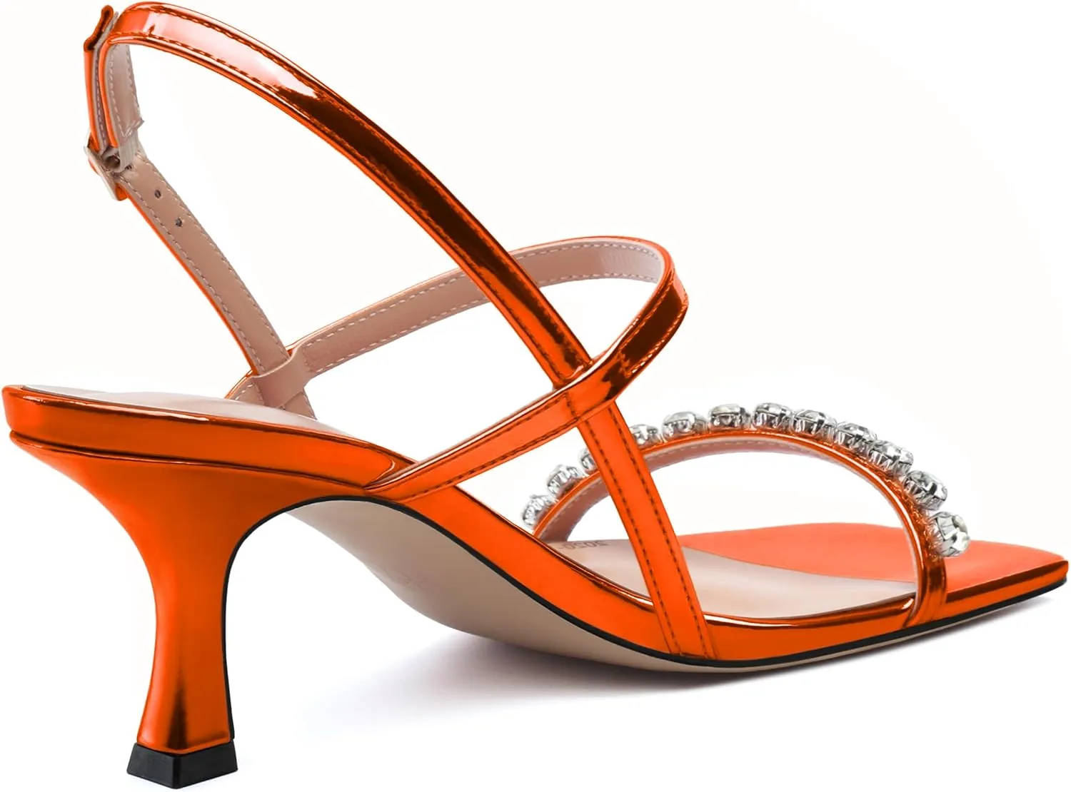 MODENCOCO Womens Strappy Sandals with Rhinestone Square Open Toe Heels Patent Metallic Ankle Strap High Heel Sandals for Women Summer Dress Shoes