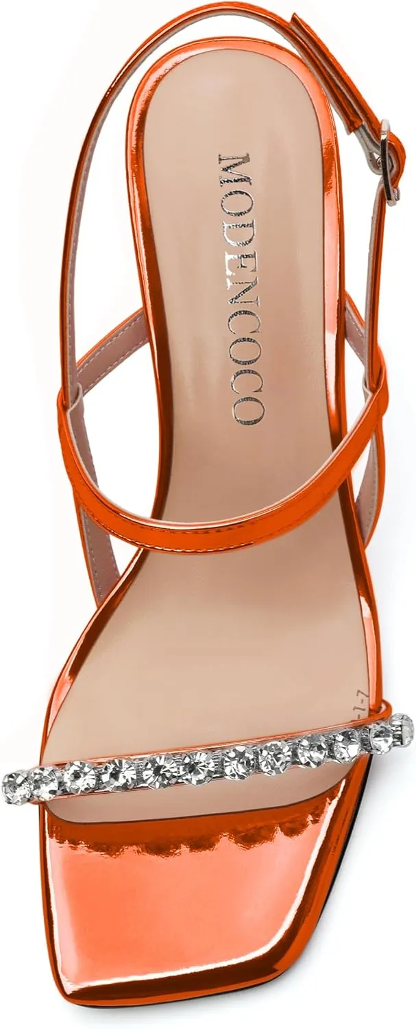 MODENCOCO Womens Strappy Sandals with Rhinestone Square Open Toe Heels Patent Metallic Ankle Strap High Heel Sandals for Women Summer Dress Shoes
