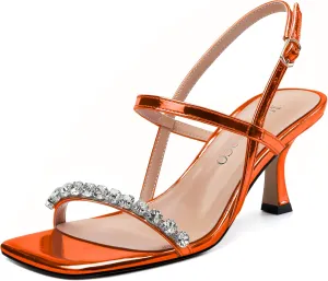 MODENCOCO Womens Strappy Sandals with Rhinestone Square Open Toe Heels Patent Metallic Ankle Strap High Heel Sandals for Women Summer Dress Shoes