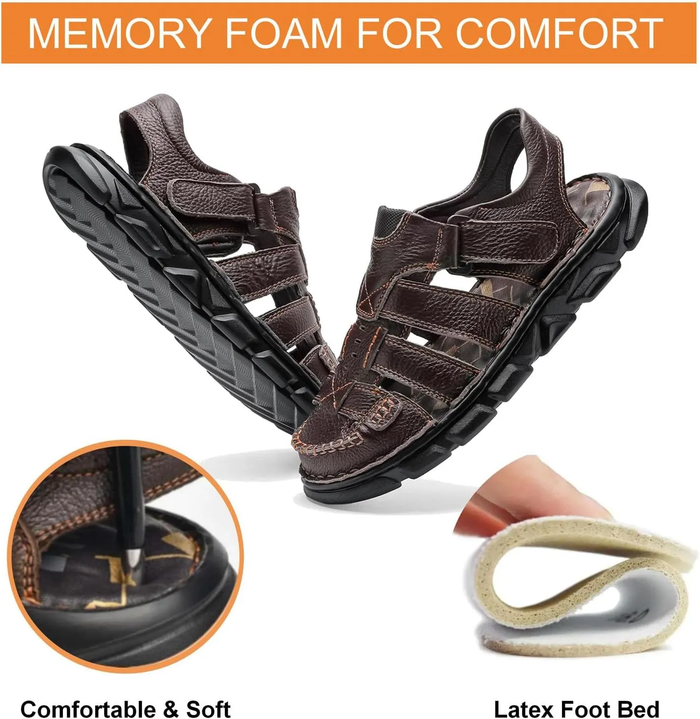 Moodeng Men's Leather Sandals Outdoor Sport Sandals Athletic Hiking Sandals Hand Sewing Comfortable Walking