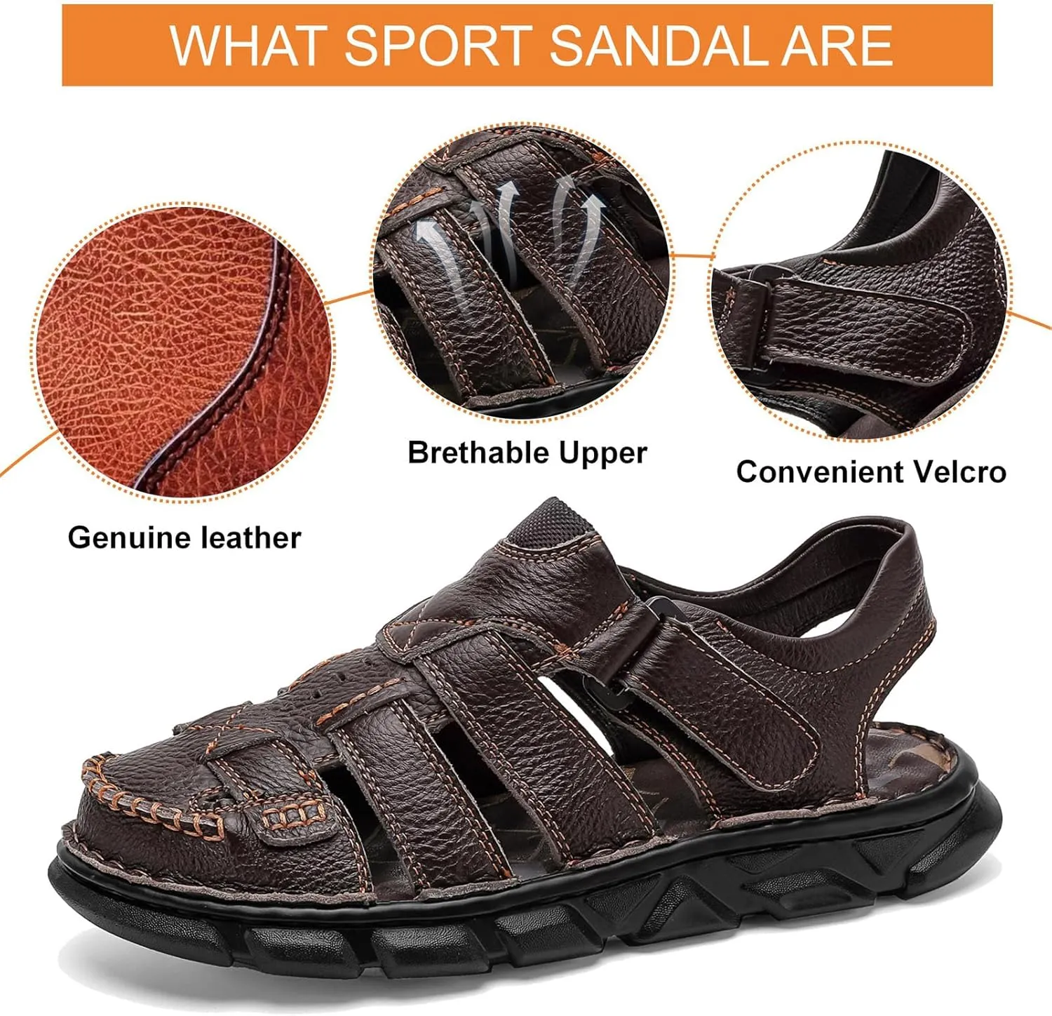 Moodeng Men's Leather Sandals Outdoor Sport Sandals Athletic Hiking Sandals Hand Sewing Comfortable Walking
