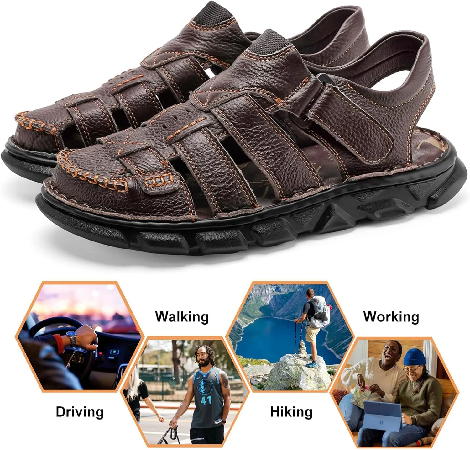 Moodeng Men's Leather Sandals Outdoor Sport Sandals Athletic Hiking Sandals Hand Sewing Comfortable Walking