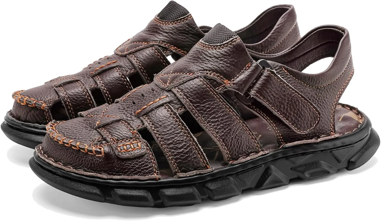 Moodeng Men's Leather Sandals Outdoor Sport Sandals Athletic Hiking Sandals Hand Sewing Comfortable Walking