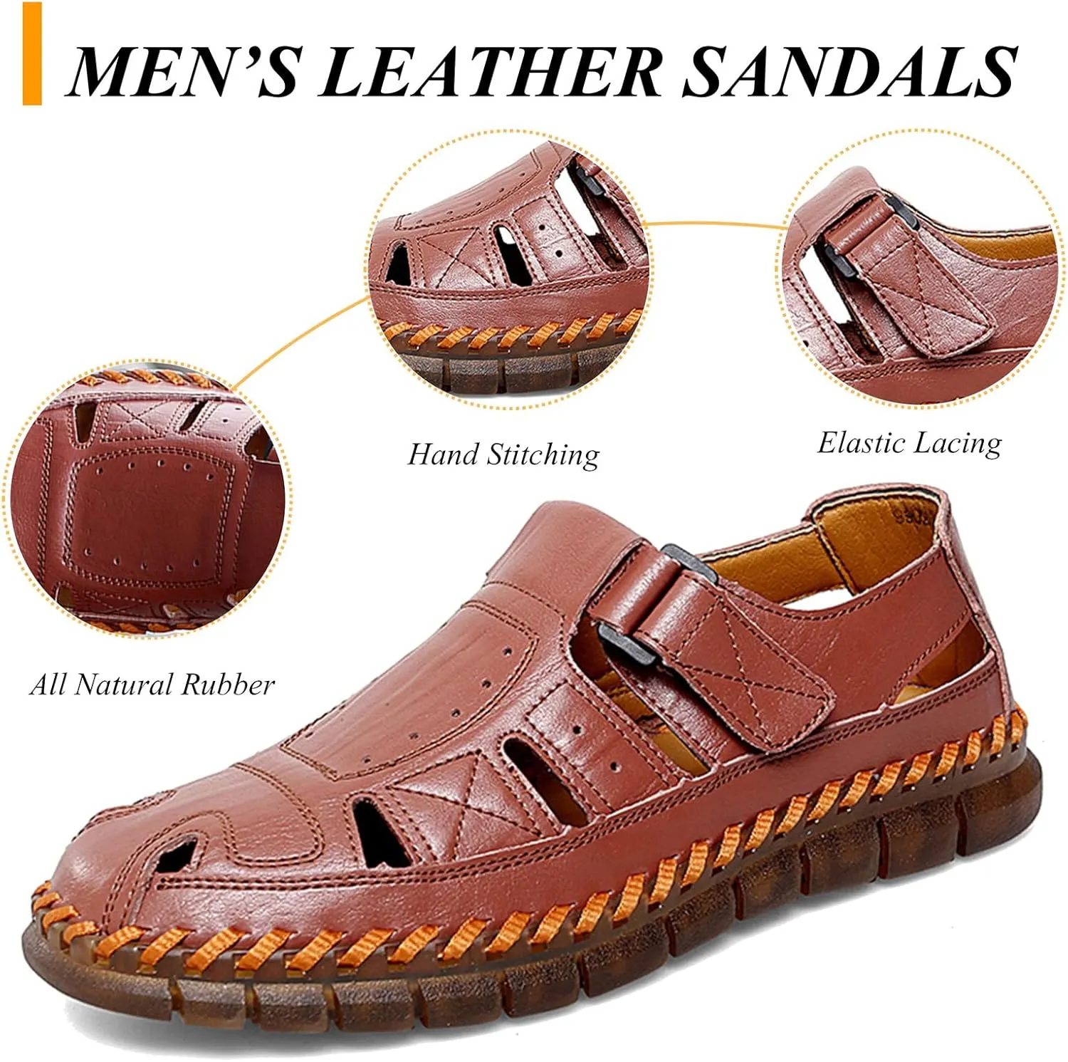 Moodeng Men's Sport Sandals Summer Leather Sandals Slip-on Causal Shoes Outdoor Loafers Closed Toe Fisherman Sandal