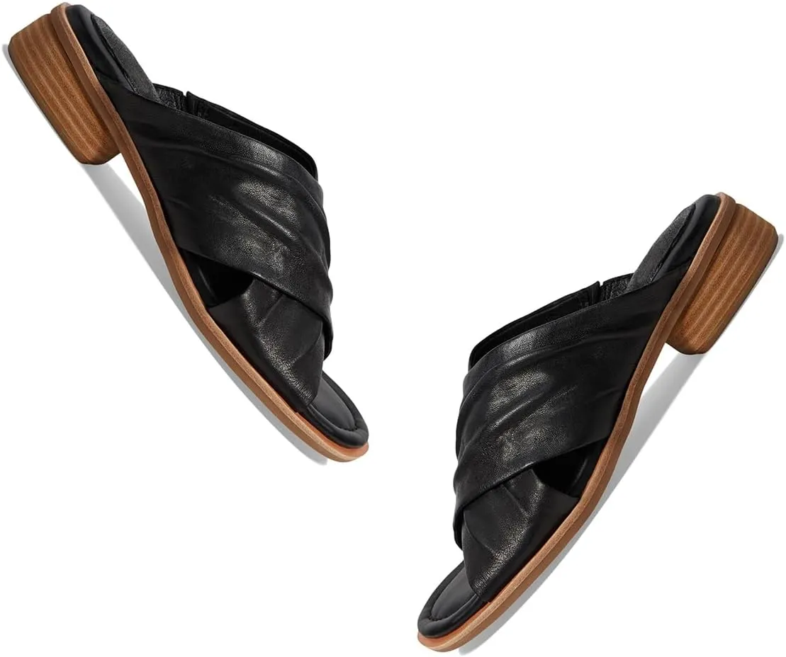 MOOMMO Women Casual Low Heel Mules Open Round Toe Cross Strap Sandals Comfort Walking Sandal Flats 1 inch Low Chunky Heel Dress Mule Shoes Mule Heels Criss Cross Street Travel Beach 4-11 M US