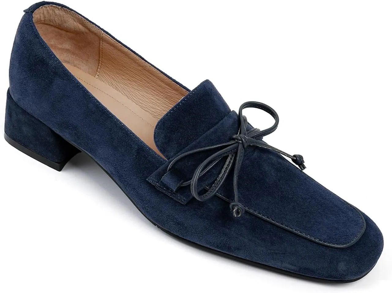 MOOMMO Women Chunky Low Heel Loafers Bow Suede Slip On Closed Square Toe Loafer Shoes Oxfords Comfy 1 Inch Block Heels Dress Shoes Pumps Office Work Pumps Vintage Retro Comfy 4-11 M US