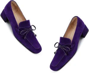 MOOMMO Women Chunky Low Heel Loafers Bow Suede Slip On Closed Square Toe Loafer Shoes Oxfords Comfy 1 Inch Block Heels Dress Shoes Pumps Office Work Pumps Vintage Retro Comfy 4-11 M US